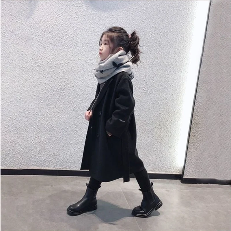 Girls Woolen Overcoat Jacket Autumn Winter New Solid Color Thick Warm Flip Collar Fashion Windbreak For 4-14Y Teen Kids Ooutwear