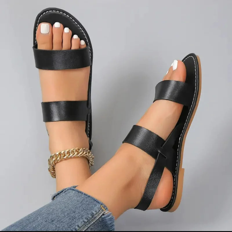 New Women Flat Sandals Leather Cross Strap Rome Style High Quality Summer Ladies Shoes  Buckle Strap Zapatos De Mujer