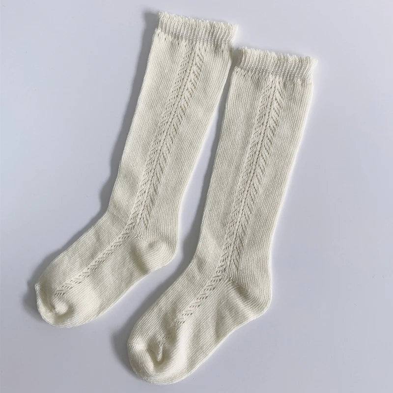 1 par de calcetines 100% de algodón hasta la rodilla para niños y niñas, calcetines largos calados transpirables de malla de algodón para primavera y otoño