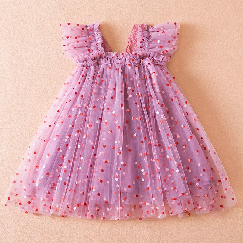 Summer New Girls' Little Flying Sleeve Dress Children's Bow Strawberry Embroidery Mesh Princess Dress Baby Girl Dress for 1-5Yrs