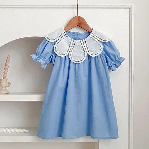 Vestidos de princesa de verano para niñas, de manga corta, de algodón, de color liso, amplio cuellos Peter Pan, para fiesta