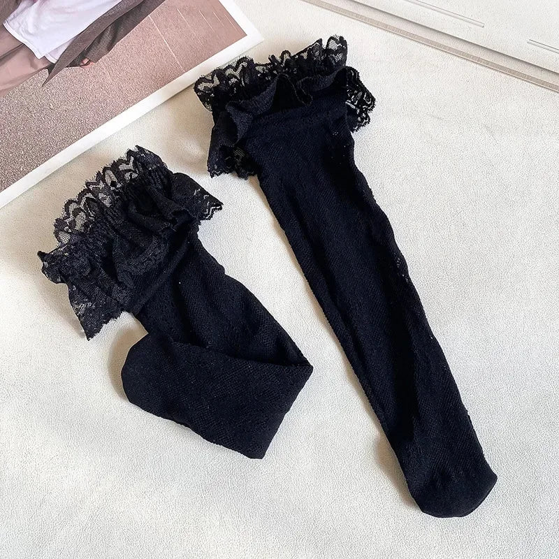 Medias con volantes de malla de encaje fino de verano, calcetines largos hasta la rodilla, blancos y negros ,con volantes para niñas y chicas adolescentes