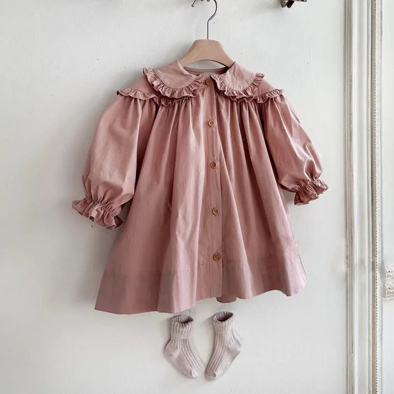 Lindo vestido estilo coreano de primavera y otoño para niña, vestido holgado con mangas abullonadas y cuello Peter Pan con volantes para bebé y niña