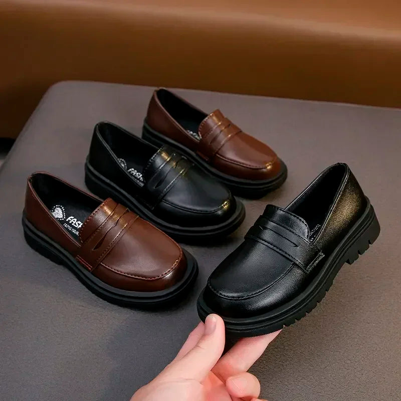 New 2024 Spring Autumn PU Leather Shoes Boys Girls Britain Style Black Brown Performance Shoes Children Slip-on Casual Loafers