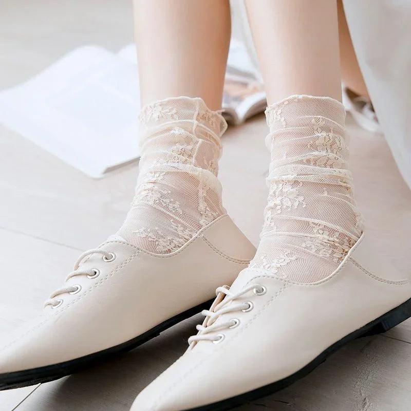 Calcetines finos transparentes para mujer y chica adolescente, calcetín de encaje Floral transparente transpirable
