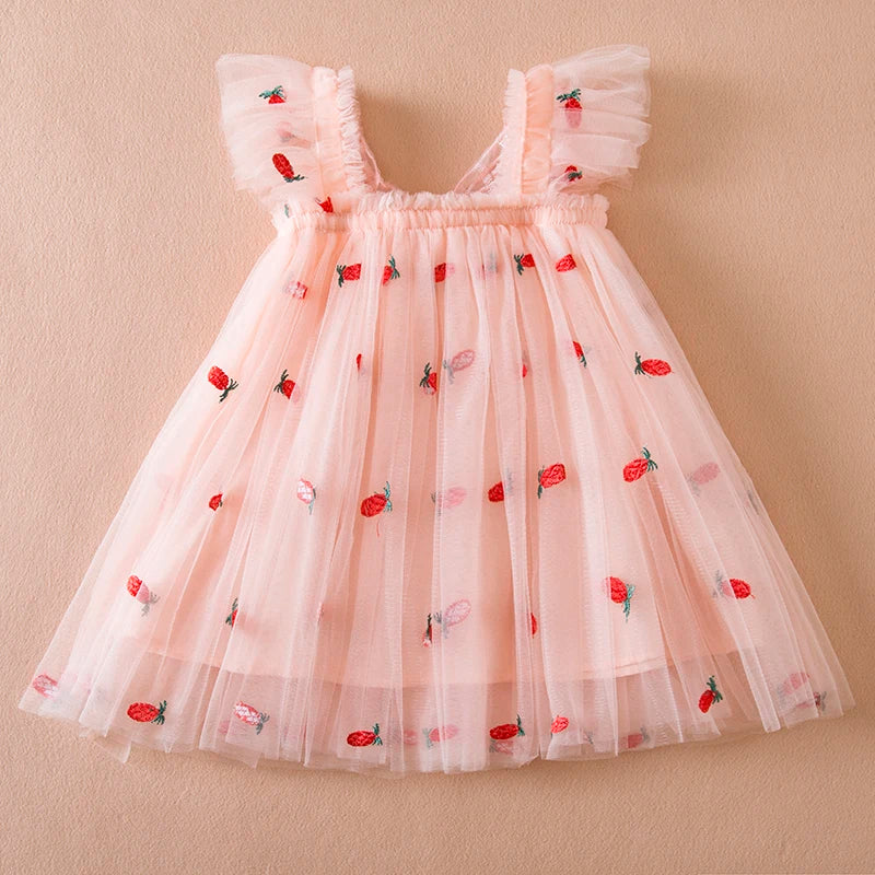 Summer New Girls' Little Flying Sleeve Dress Children's Bow Strawberry Embroidery Mesh Princess Dress Baby Girl Dress for 1-5Yrs