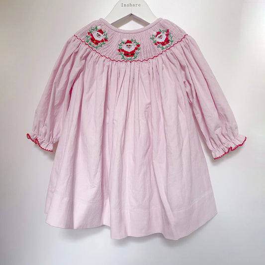 Hermoso vestido de Navidad para niñas, con bordado a mano punto smock de Papa Noel, manga larga en cotelé mil rayas o pana rosa, ropa de Boutique. Preciosa para una noche mágica!