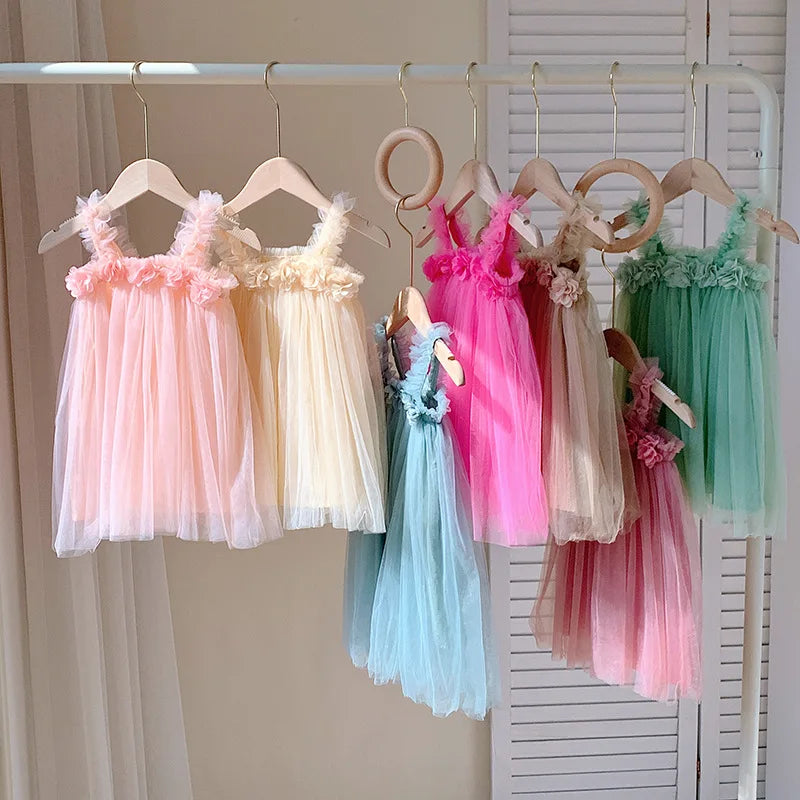 Summer Mesh Tulle Princess Slip Tutu Dresses 3D Flower Mermaid Birthday Dress for Baby Girl Clothes Sleeveless Girl Clothes