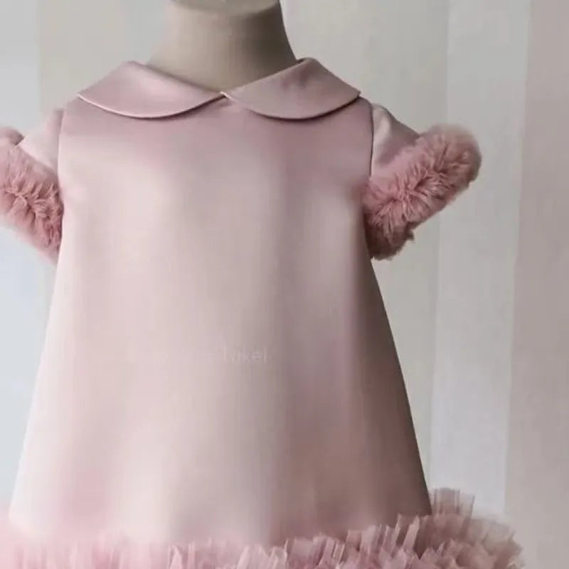 Vestido de gasa de seda de princesa para bebé niña y adolescente, Vestido de fiesta para niña, con cuello Peter Pan y manga corta