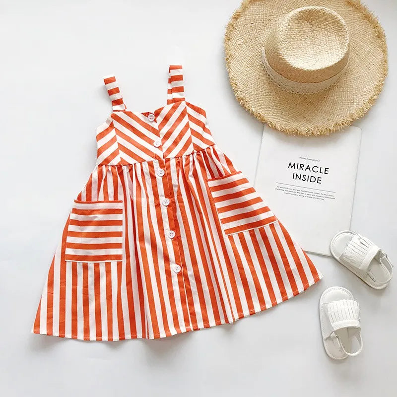 Lindo vestido sin mangas casual de algodón listado para la playa, especial para el verano para niñas