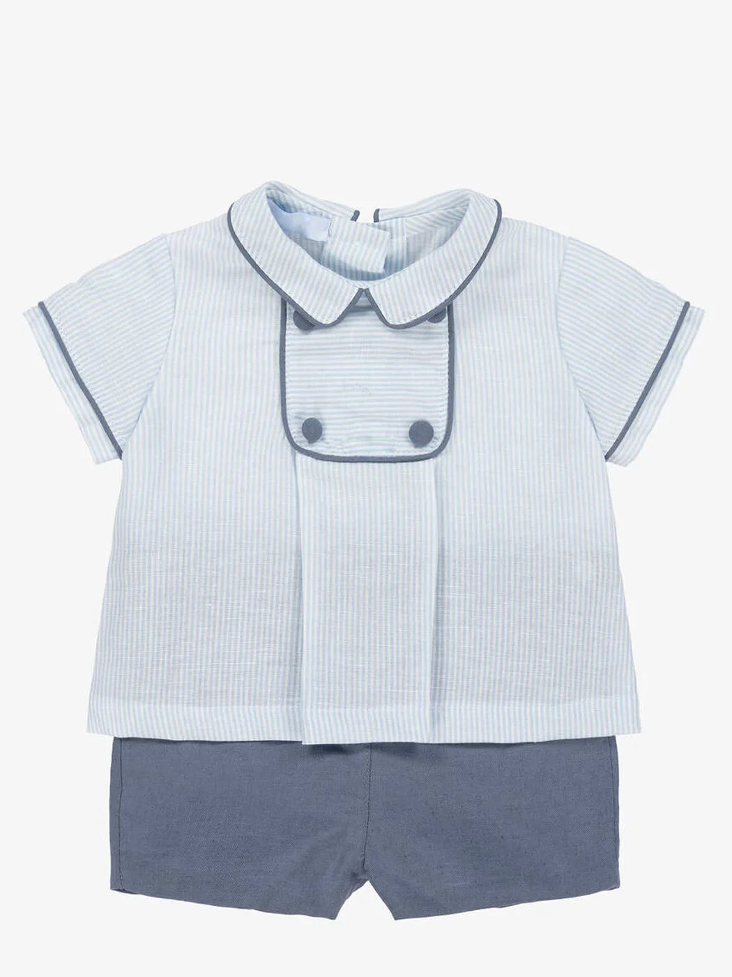 Precioso conjunto de dos piezas de verano para bebés niños, camisa con cuello vuelto con ribetes, tela a rayas, pantalones cortos para niños pequeños, algodón de alta calidad