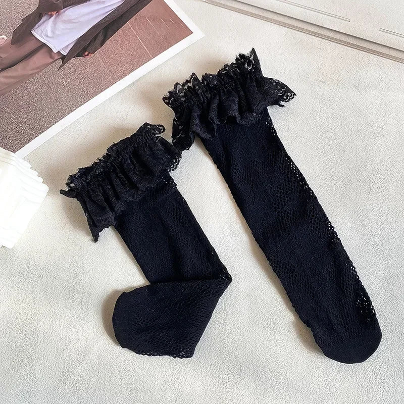 Medias con volantes de malla de encaje fino de verano, calcetines largos hasta la rodilla, blancos y negros ,con volantes para niñas y chicas adolescentes