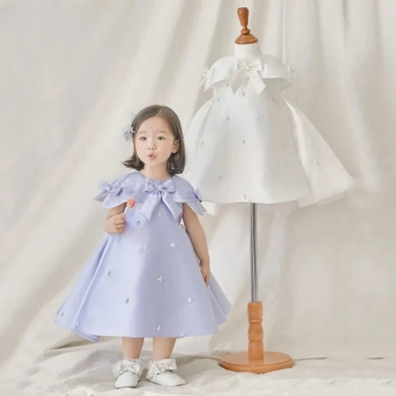 Vestido de princesa para niña, Vestido con lazo de fiesta para bebé niña y chica adolescente, vestido hecho a mano con perlas y diamantes, outfit de boda para chica adolescente