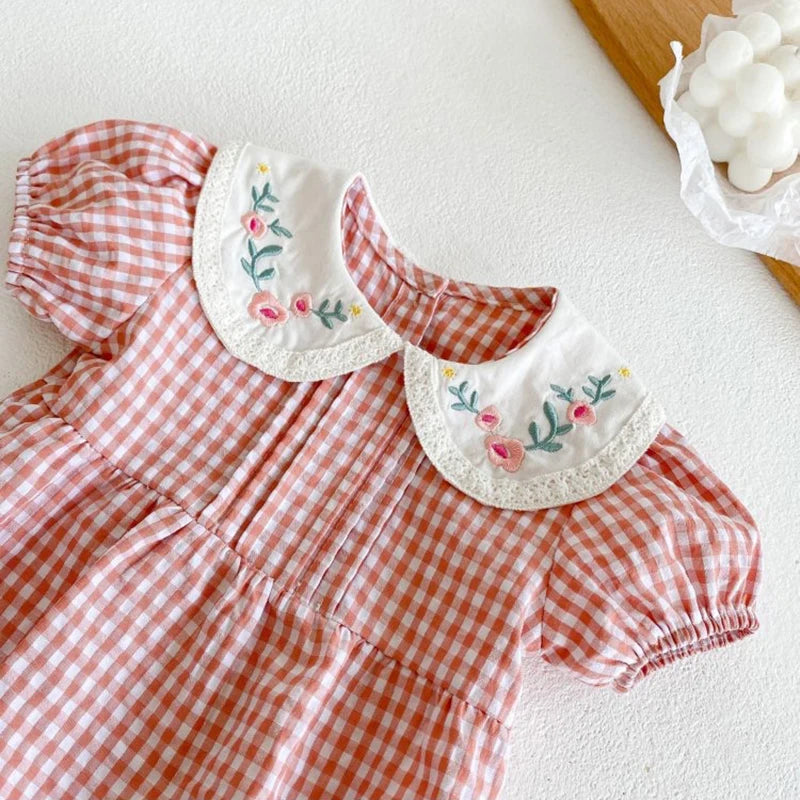 Bombacho campestre de cuadrillé con cuello bordado para niñas pequeñas, monos de princesa para niñas, monos de rejilla rosa, ropa de verano para niñas pequeñas