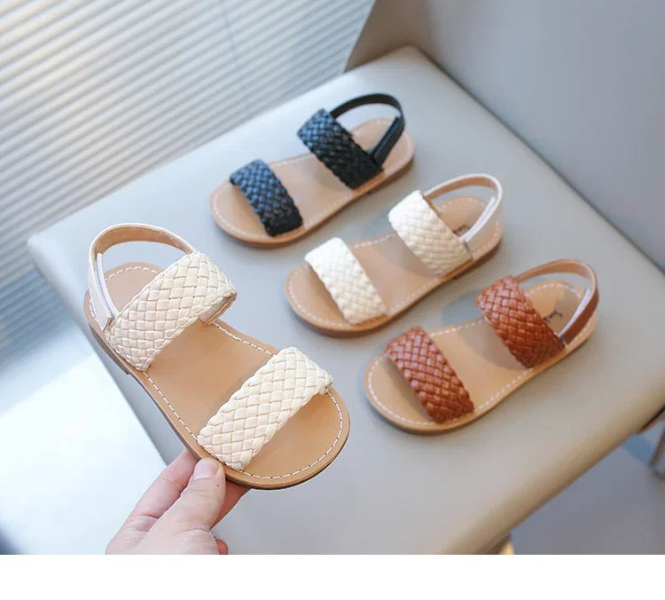 Kids Sandals for Girls 2024 Summer Girls Weave Design Sandals Children Beach Shoes Open Toes Flat Anti-skid Rubber Ankle Strap