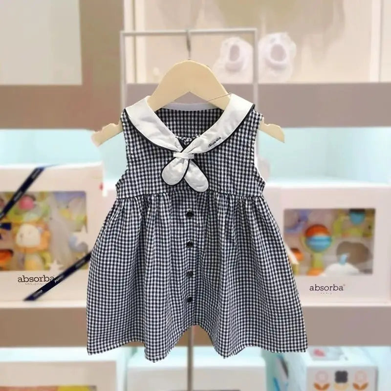 Conjunto de ropa de verano para hermanos estilo marinero sobre cuadros azules, niño y niña, Camisa en traje de dos piezas Vestido para niña