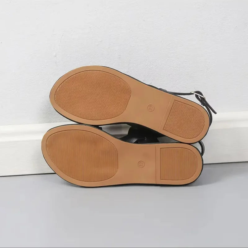 New Women Flat Sandals Leather Cross Strap Rome Style High Quality Summer Ladies Shoes  Buckle Strap Zapatos De Mujer