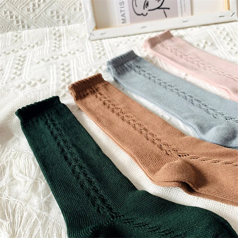 Calcetines suaves y bonitos largos para niños, calcetines suaves calados, transpirables de algodón para bebés y niñas