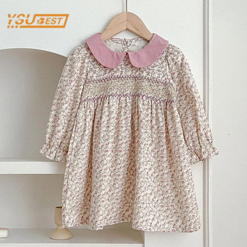 Vestido bordado con estampado y cuello color, de manga larga para niñas en primavera y otoño