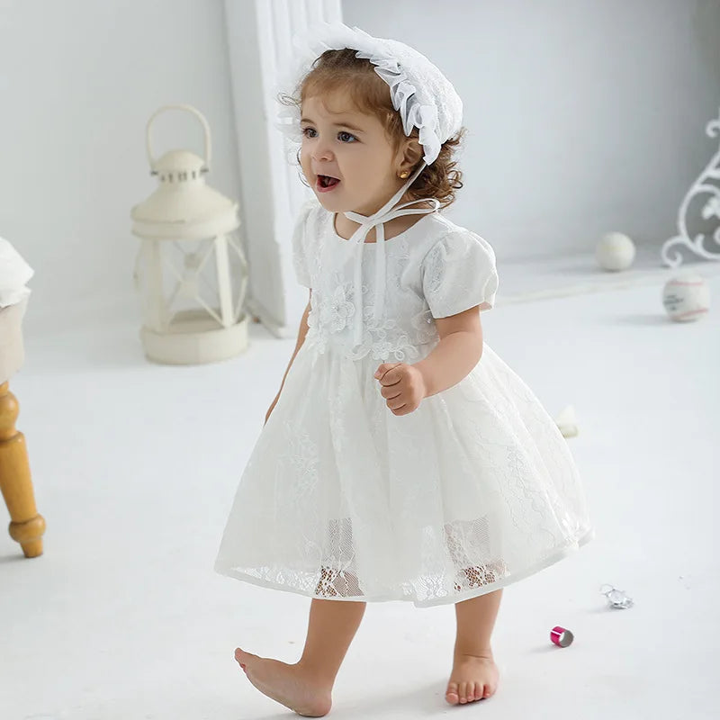Vestido de encaje blanco para niña, vestido de bautizo para bebé, ropa de princesa para niña, ropa de fiesta para niña con capota