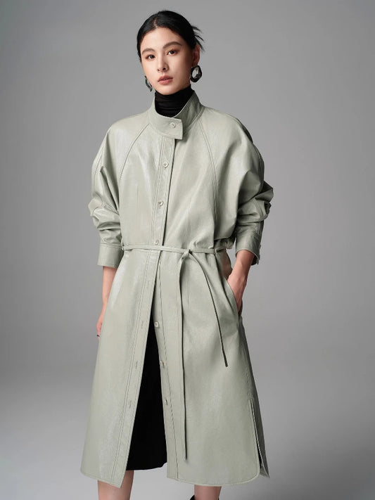 Trench de cuero de oveja genuino para mujer, con cinturón y cuello levantado de alta gama, manga de murciélago