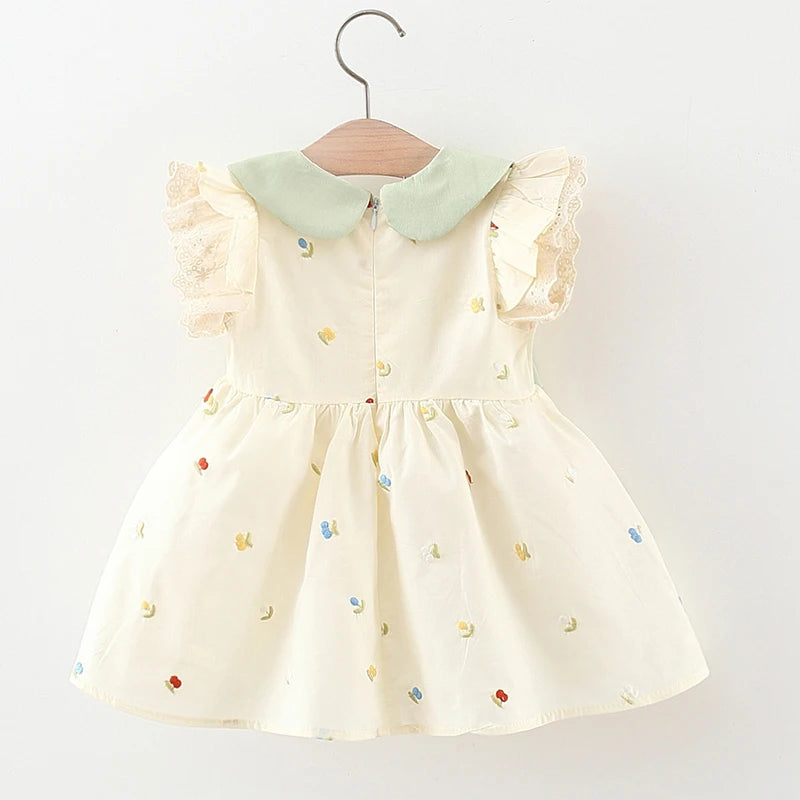 Para amar este vestido! Vestido de verano para niña, con lindas cerezas, cuello Peter Pan y mangas con volantes, outfit vintage para niña