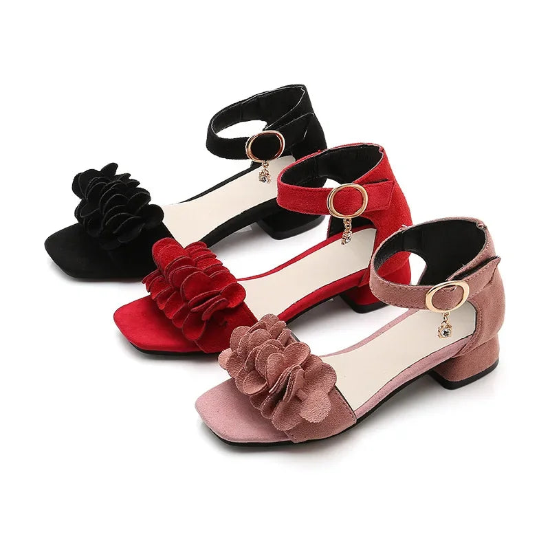 Zapatos de princesa para niñas, para bodas, fiestas, verano, elegantes, informales, con flores, sandalias de moda con punta abierta y tacones bajos para niñas, sandalias de vestir