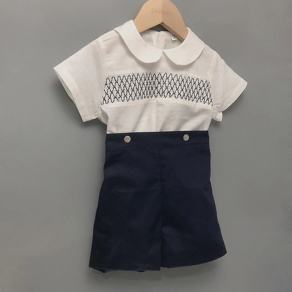 Conjunto de 2 piezas de ropa de boutique para niño, conjunto de moda española de algodón y lino, traje de verano de manga corta, traje de bebé para fiesta