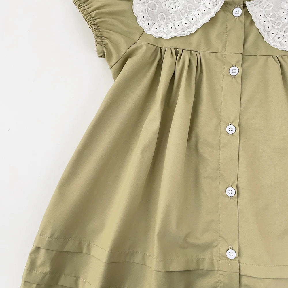 Vestido de verano para niñas, cuello de encaje, mangas abullonadas, elegante, para bebés, vestidos de princesa para cumpleaños, ropa para niños