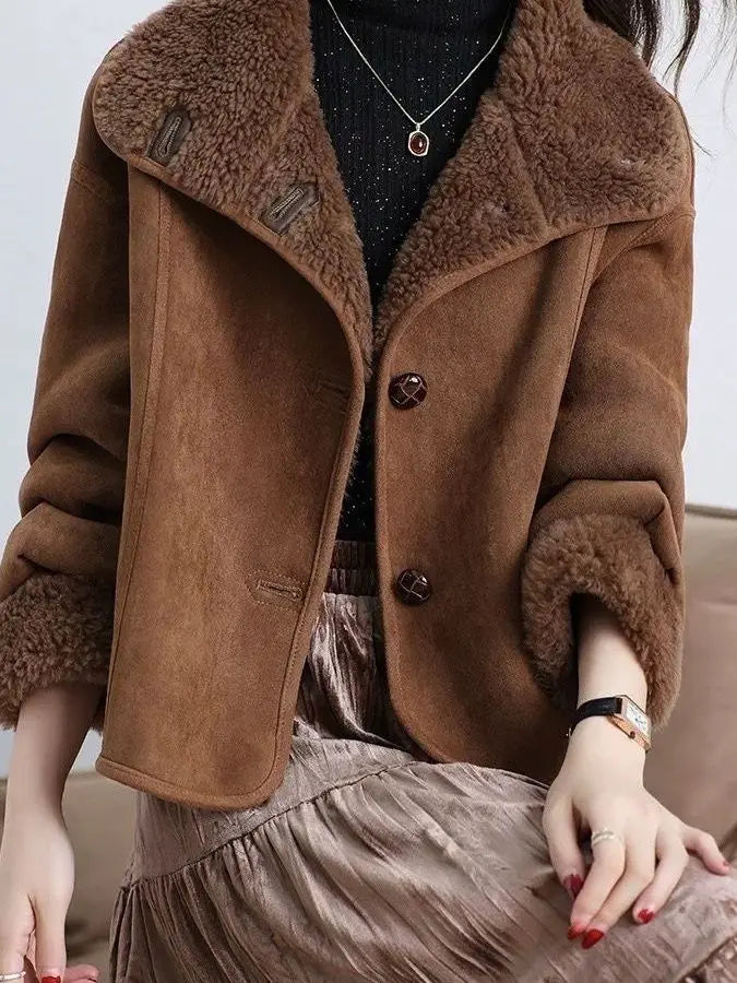 Dobbeltsidet lammeskinds læderjakke til kvinder, moderigtig vinterfrakke, elegant stil til arbejdet, slim fit...