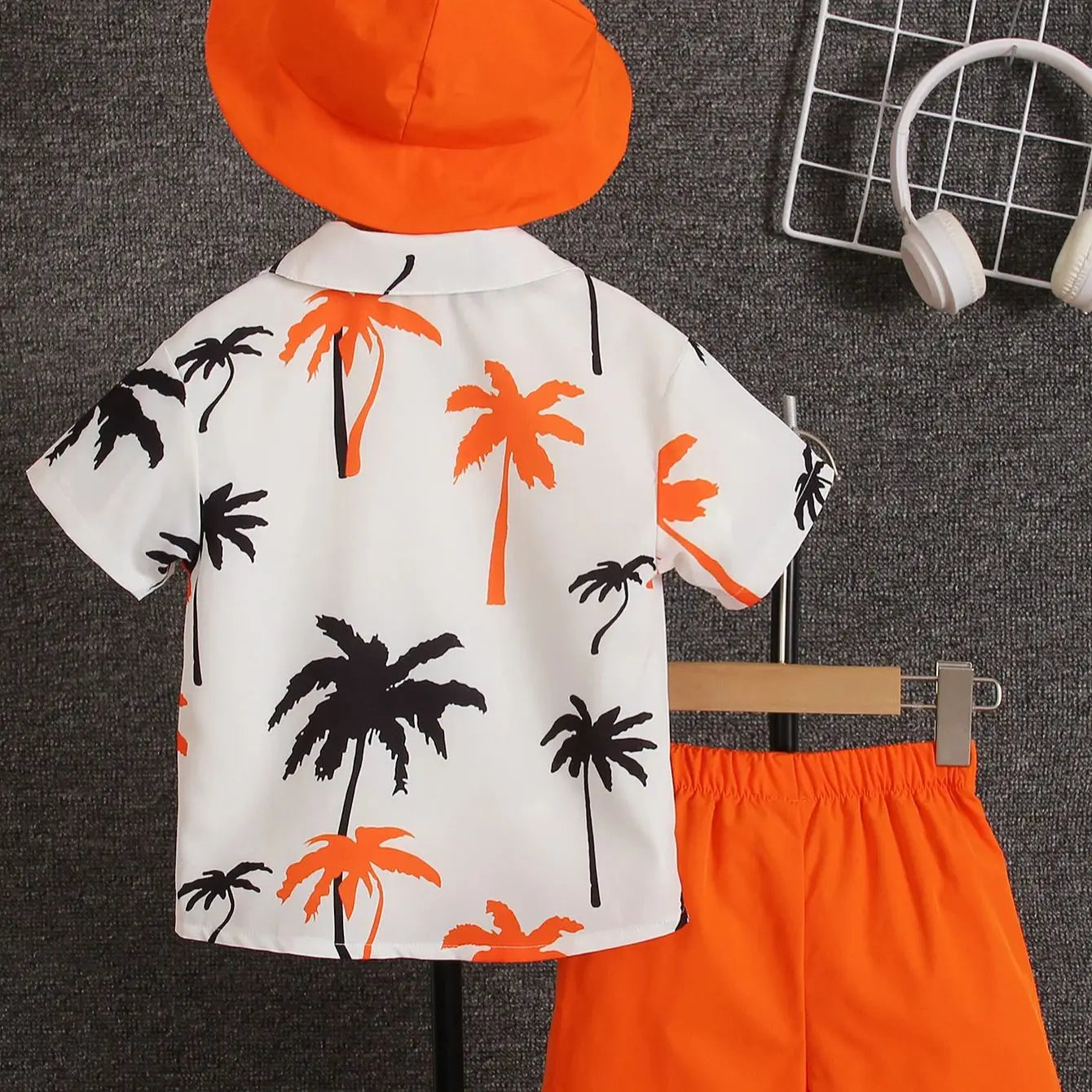 Camisa de manga corta con estampado de palmera, para vacaciones, conjunto de verano de tres piezas para niños y niñas