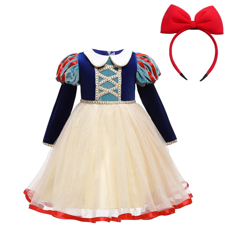 Hermoso vestido de Blancanieves, de manga larga hecho de terciopelo, tul y lentejuelas, disfraz de Disney para niñas, para fiesta de cumpleaños y Halloween para niña