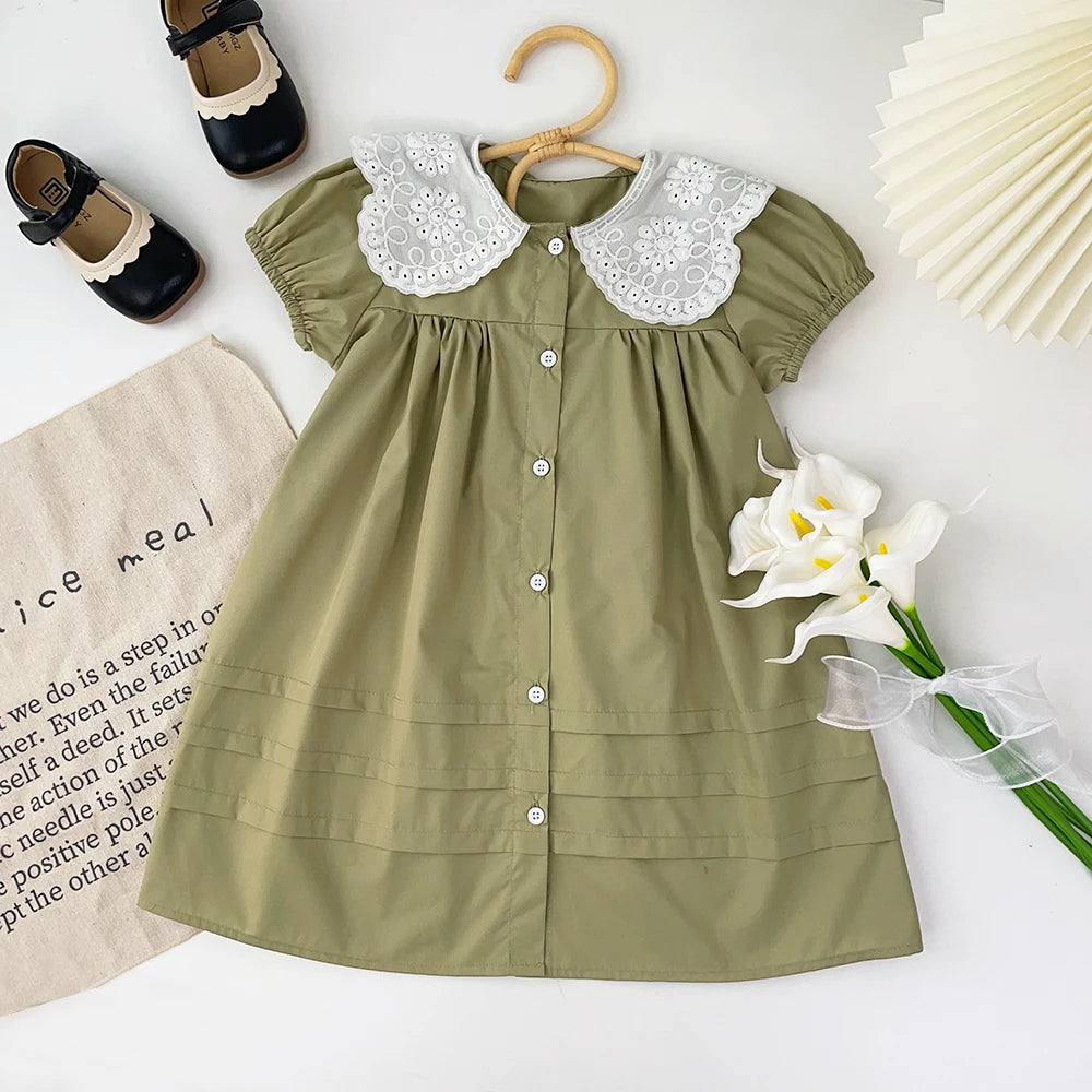 Vestido de verano para niñas, cuello de encaje, mangas abullonadas, elegante, para bebés, vestidos de princesa para cumpleaños, ropa para niños