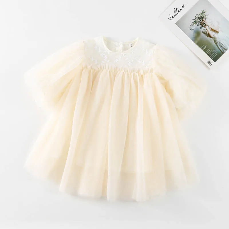 Suave vestido bordados en tul, de sueños para bebés y Niñas, para Otoño y primavera, Vestido con Mangas Abullonadas como Princesa, para fiestas y bodas. Y por qué no, para ser princesa cada día!