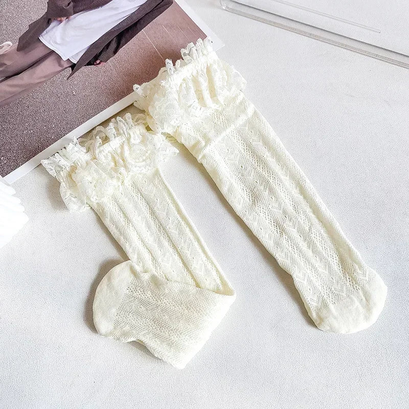 Medias con volantes de malla de encaje fino de verano, calcetines largos hasta la rodilla, blancos y negros ,con volantes para niñas y chicas adolescentes