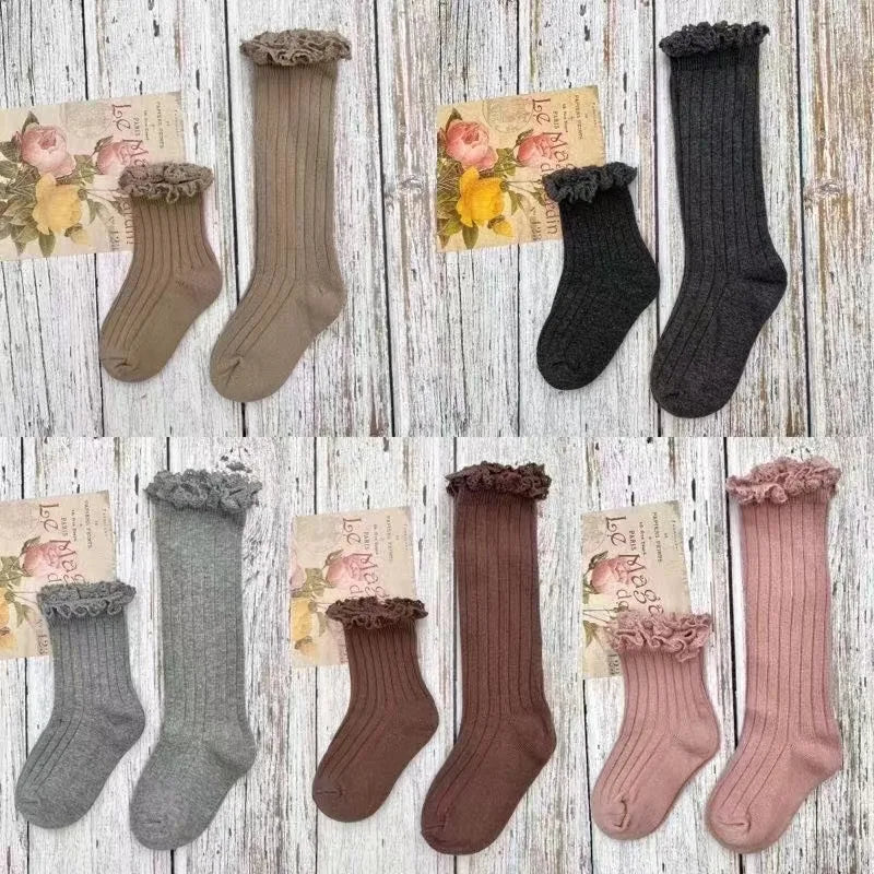 Ruffle Kids Knee High Socks Baby Girls Toddlers Long Soft Cotton Sock Lace Flower Children School Uniform Socks For 0-8 Years