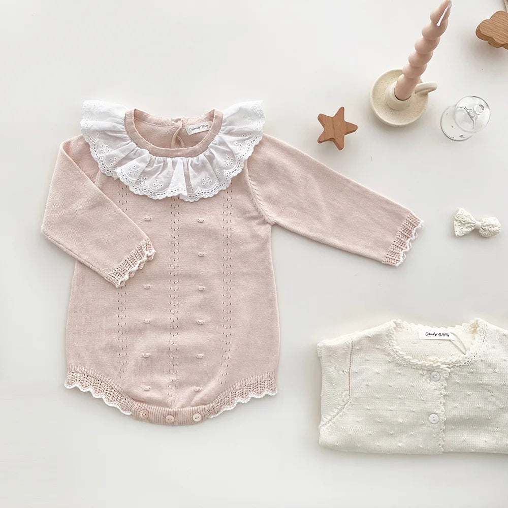 New Lace Baby Knitted Romper Autumn Girl Overall Baby Girls Romper Ruffle Long Sleeve Newborn Baby Clothes Infant Baby Jumpsuits