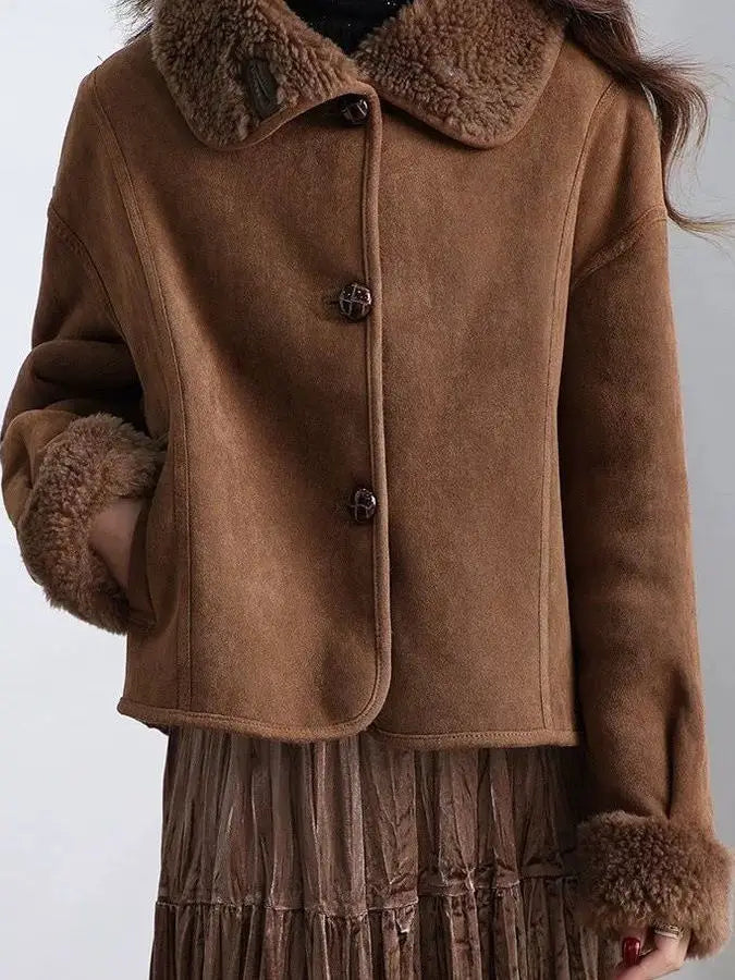 Dobbeltsidet lammeskinds læderjakke til kvinder, moderigtig vinterfrakke, elegant stil til arbejdet, slim fit...