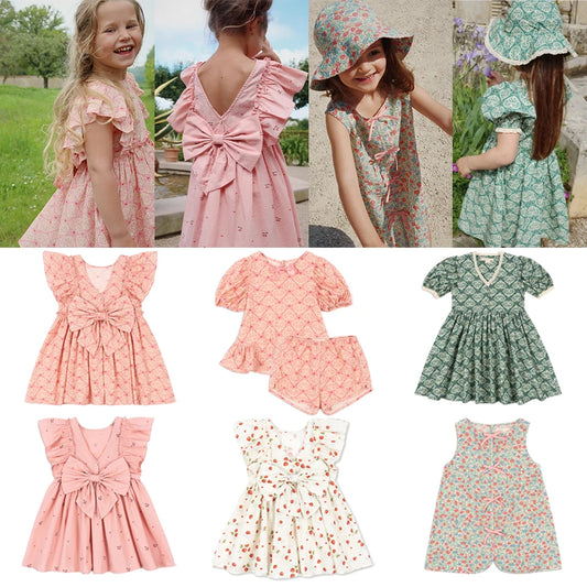 Hermosos vestidos y conjuntos estido Pastoral para niñas, Vestidos con lazo de verano para niñas