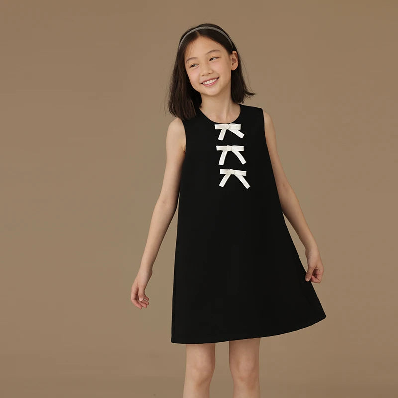 Vestido sin mangas formal para niñas, negro con coquetas cintas blancas