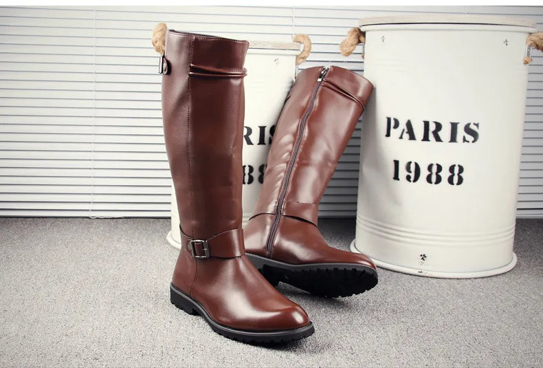 British Mens Black Leather Knee High Boots Desiger Zip Long Motorcycle Shoes Antique Cosplay Stage Botas Casual Comfort Zapatos