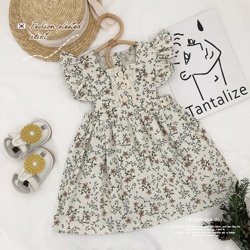 Increible vestido de verano para niñas, lindo vestido vintage sin mangas y volantes, con flores para fiesta, vestido cuadrillé, vestido broderie