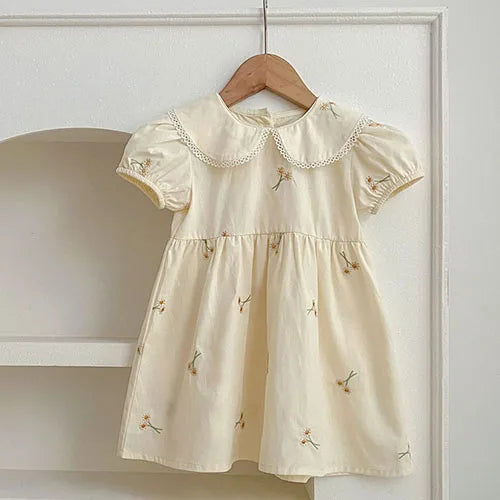 Vestidos de princesa de verano para niñas, de manga corta, de algodón, de color liso, amplio cuellos Peter Pan, para fiesta