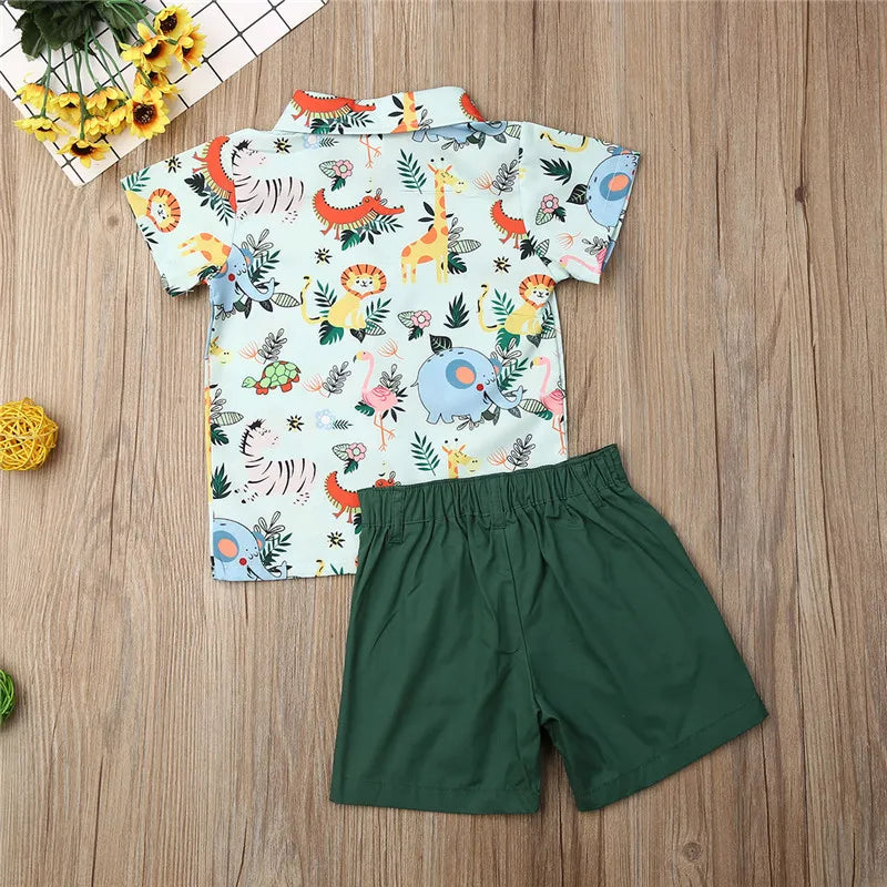 Conjunto de ropa para niños, camisa con diseño de mono y tigre, pantalones cortos verdes para verano