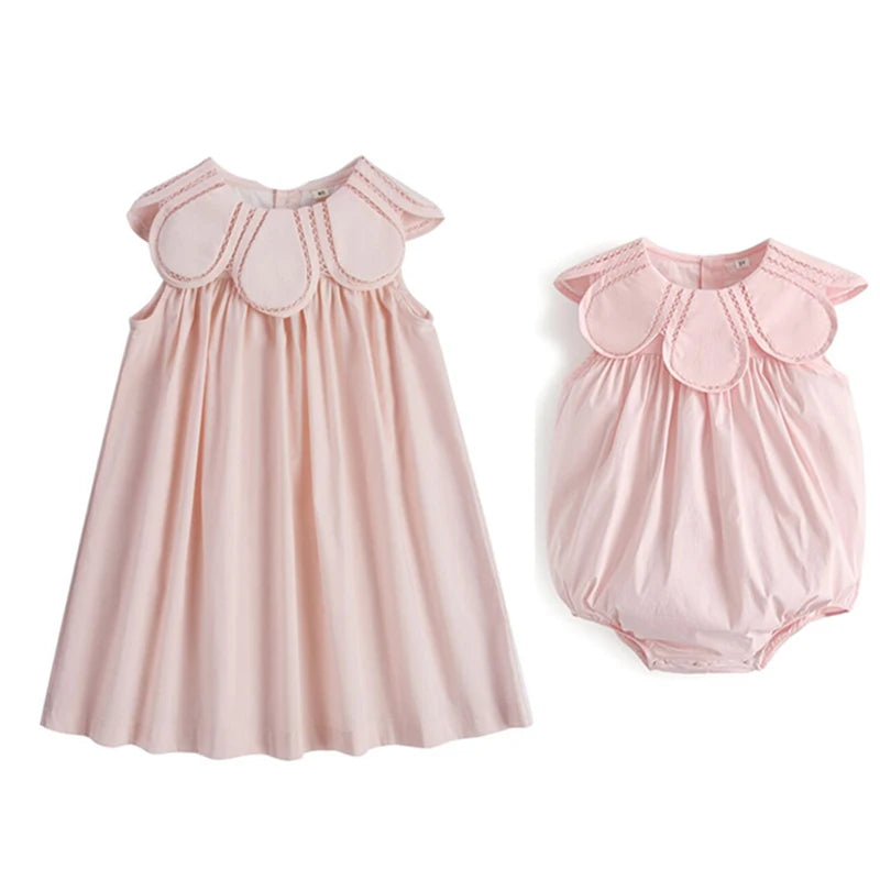 Vestido fruncido estilo real para niñas, bonito vestido con cuello de muñeca, Bombacho para bebé niña, cuello bordado, ropa para hermanas