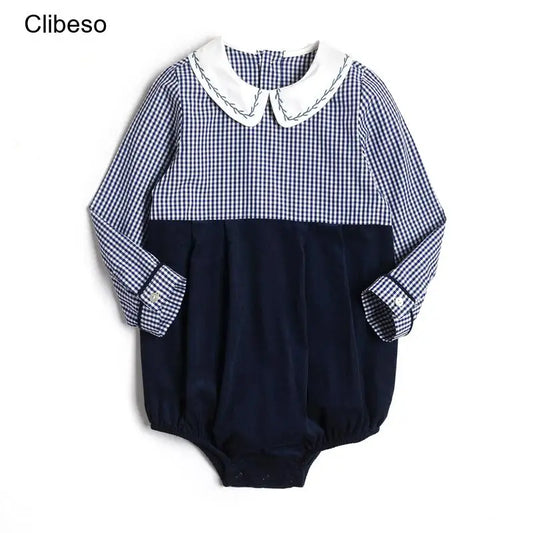 Mameluco increíblemente lindo, bombacho clásico con cuello bordado para bebés y niños pequeños, ropa infantil de boutique española, manga larga para otoño o invierno, algodón cuadrillé y mil rayas.