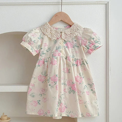 Vestidos de princesa de verano para niñas, de manga corta, de algodón, de color liso, amplio cuellos Peter Pan, para fiesta