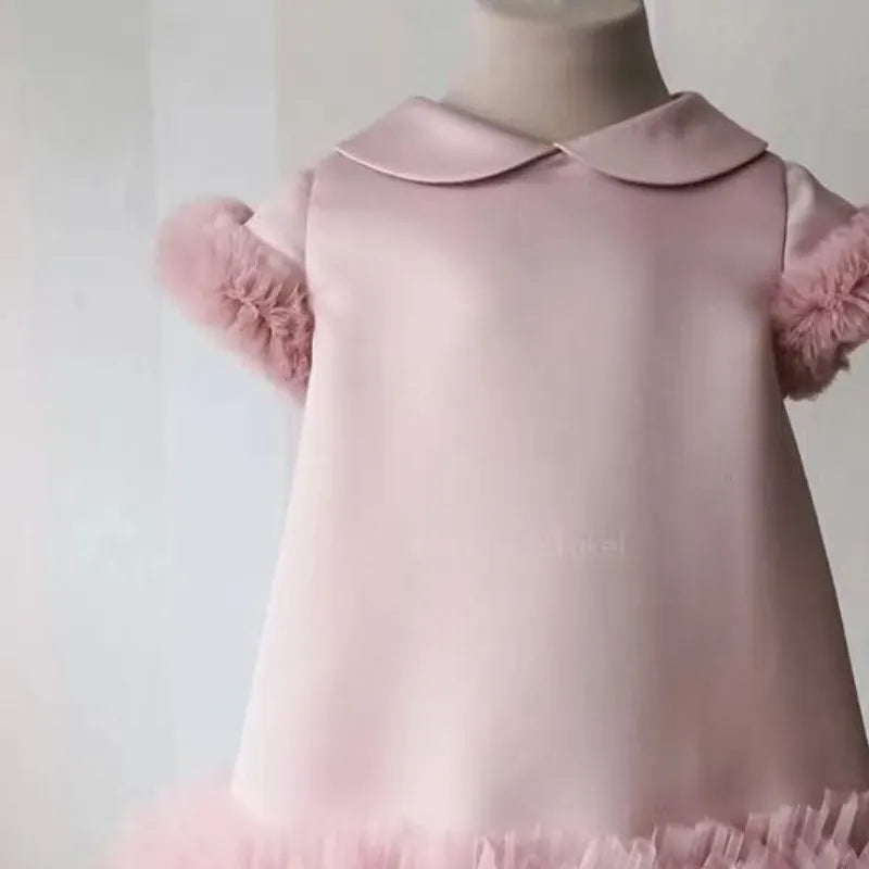 Vestido de gasa de seda de princesa para bebé niña y adolescente, Vestido de fiesta para niña, con cuello Peter Pan y manga corta