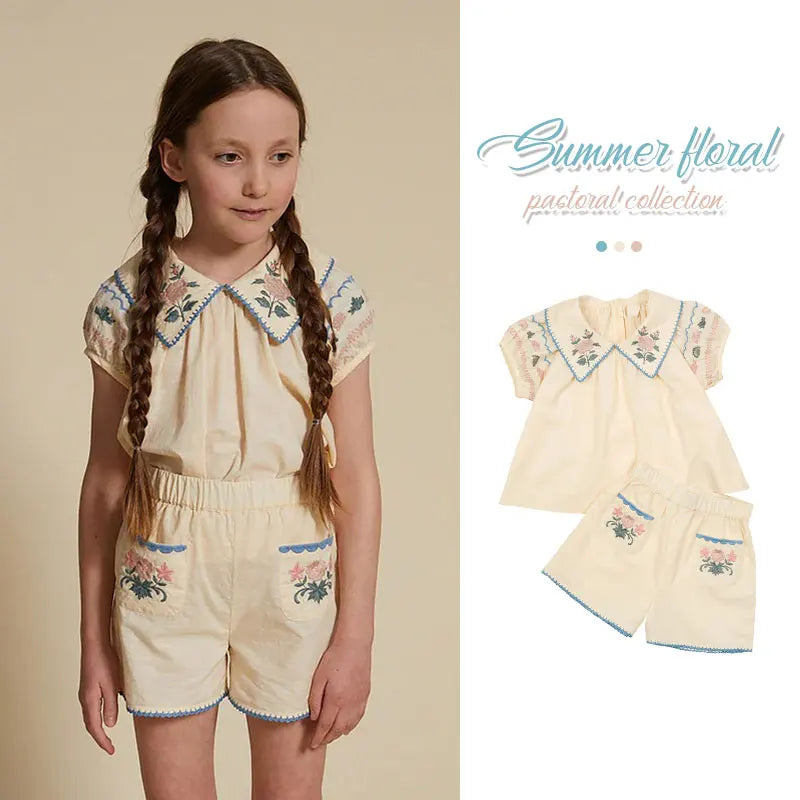 Conjunto boho bordado de verano para niñas, estilo pastoral