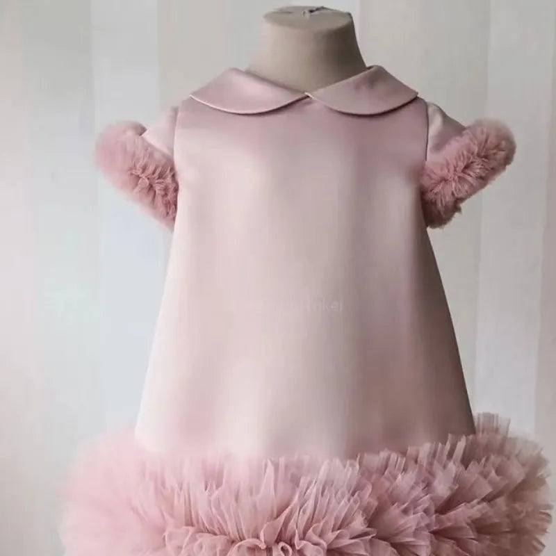 Vestido de gasa de seda de princesa para bebé niña y adolescente, Vestido de fiesta para niña, con cuello Peter Pan y manga corta